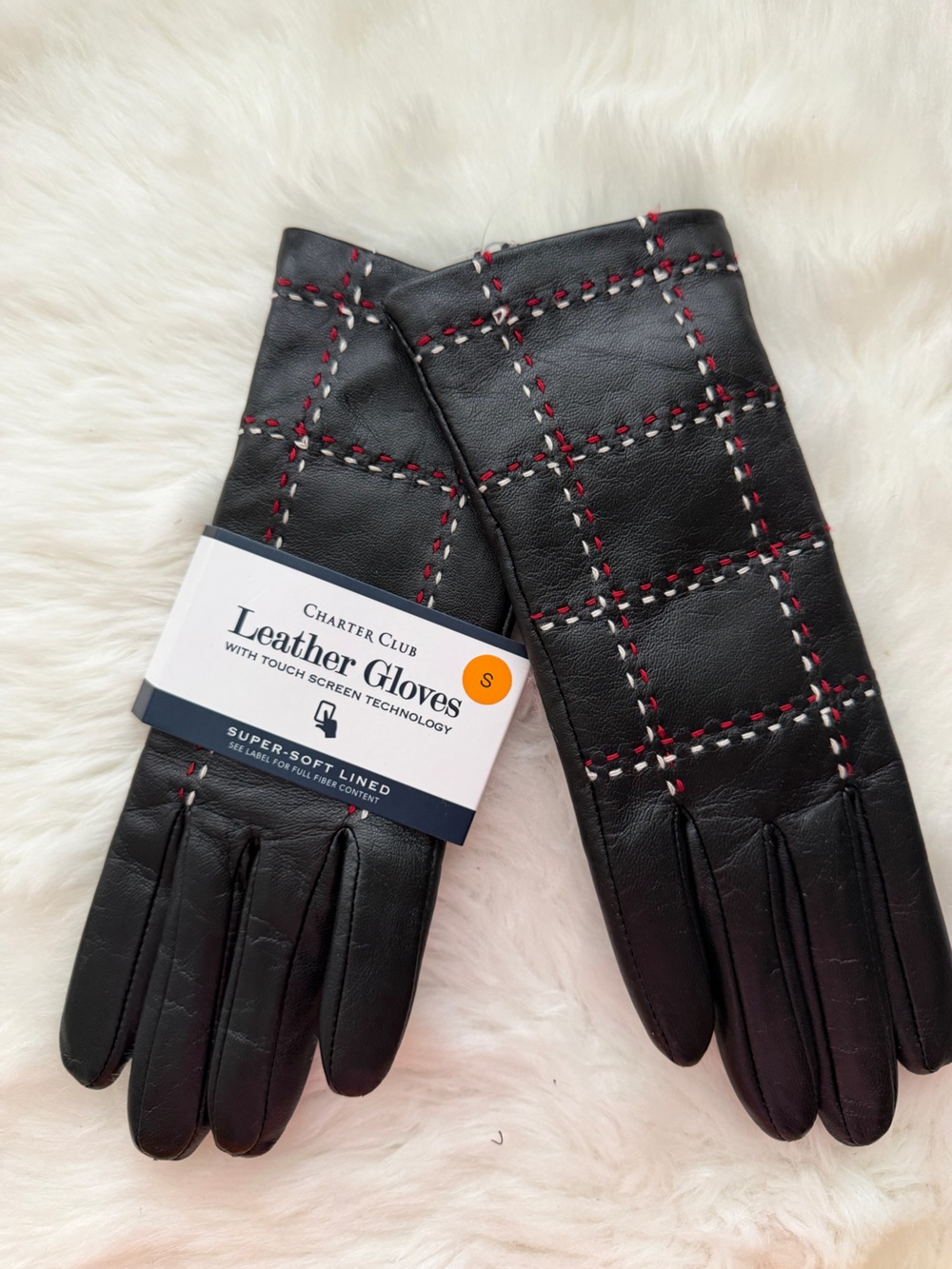 New! Charter Club Black Leather Gloves with Red & White Stitching